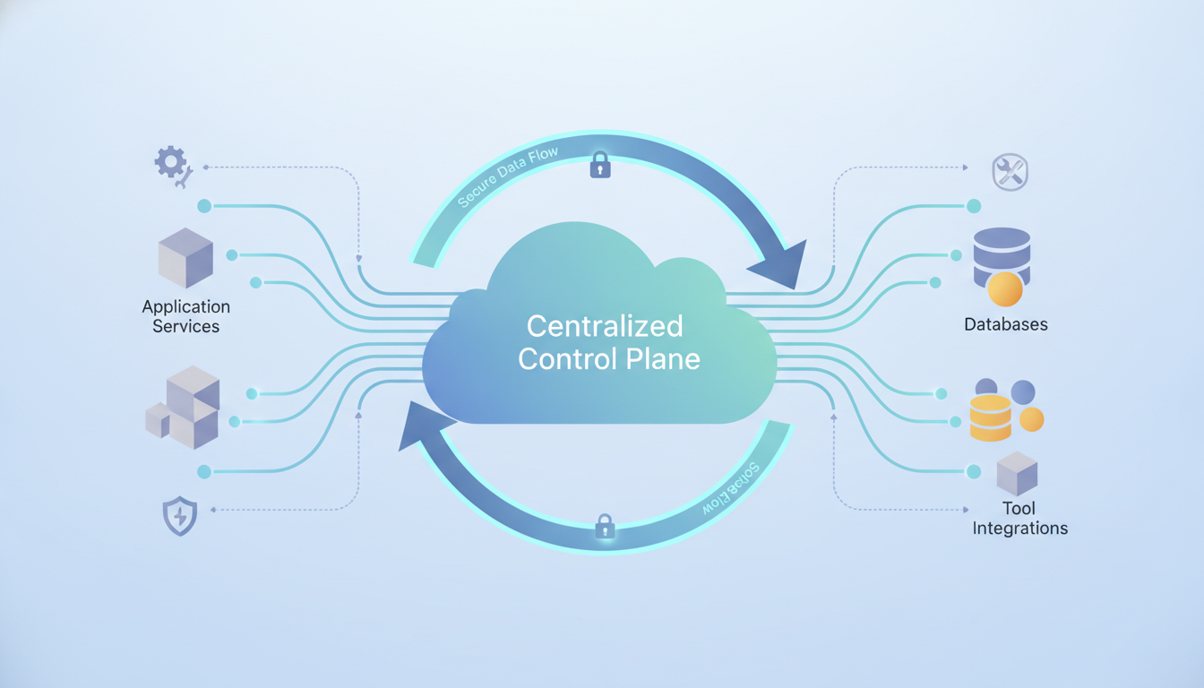 A diagram showing various cloud-native environment variable management tools connecting to different application service