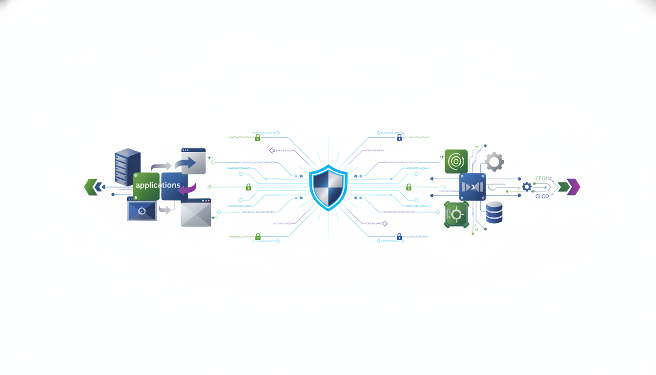 An abstract illustration of various environment tools interacting, showing data flowing securely between applications, d