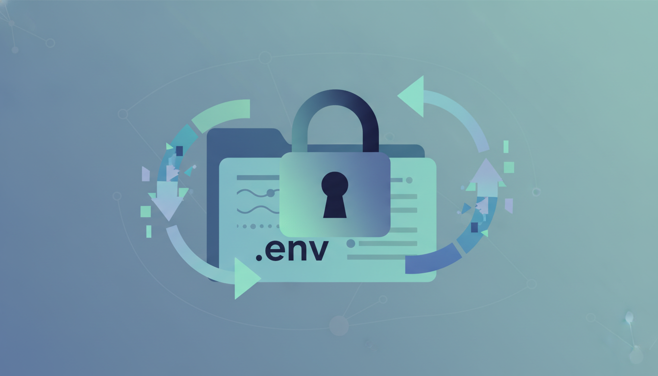 A lock icon superimposed over a stylized `.env` file, with arrows depicting data being encrypted and decrypted, represen