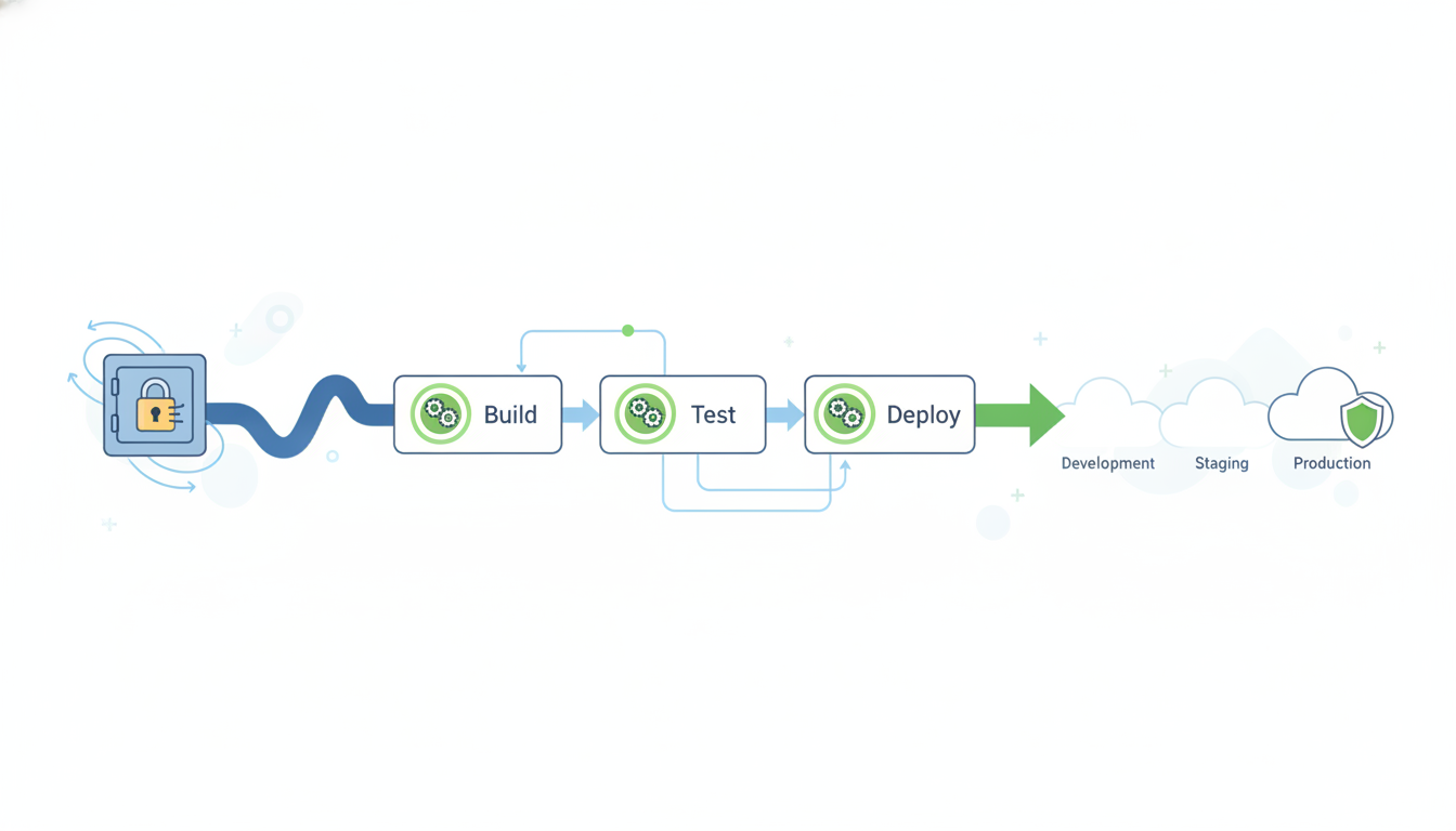 A complex diagram illustrating a modern CI/CD pipeline with secure environment variable injection points highlighted, sh