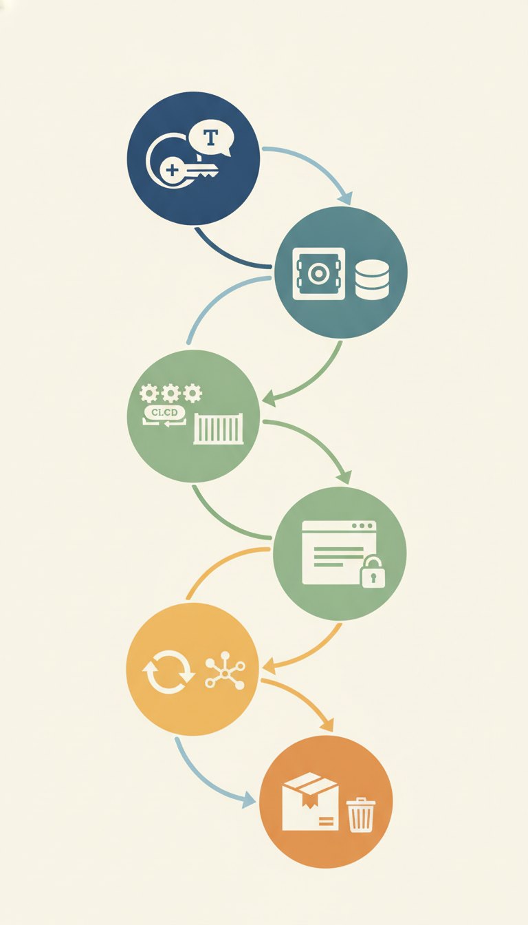 an infographic-style visual summary depicting the six stages of Environment Variable Lifecycle Management: 1. Creation a