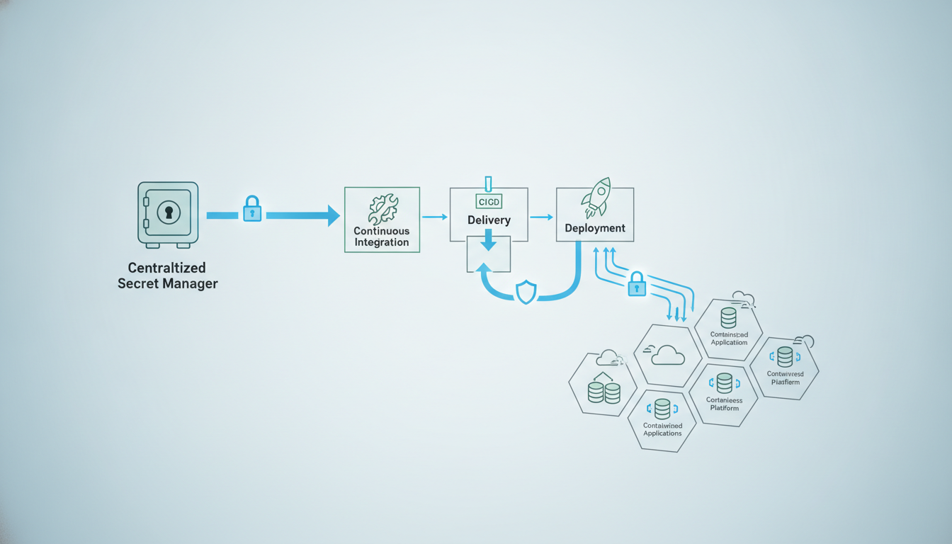 A complex architectural diagram showing a CI/CD pipeline fetching secrets from a centralized secret manager (like AWS Se
