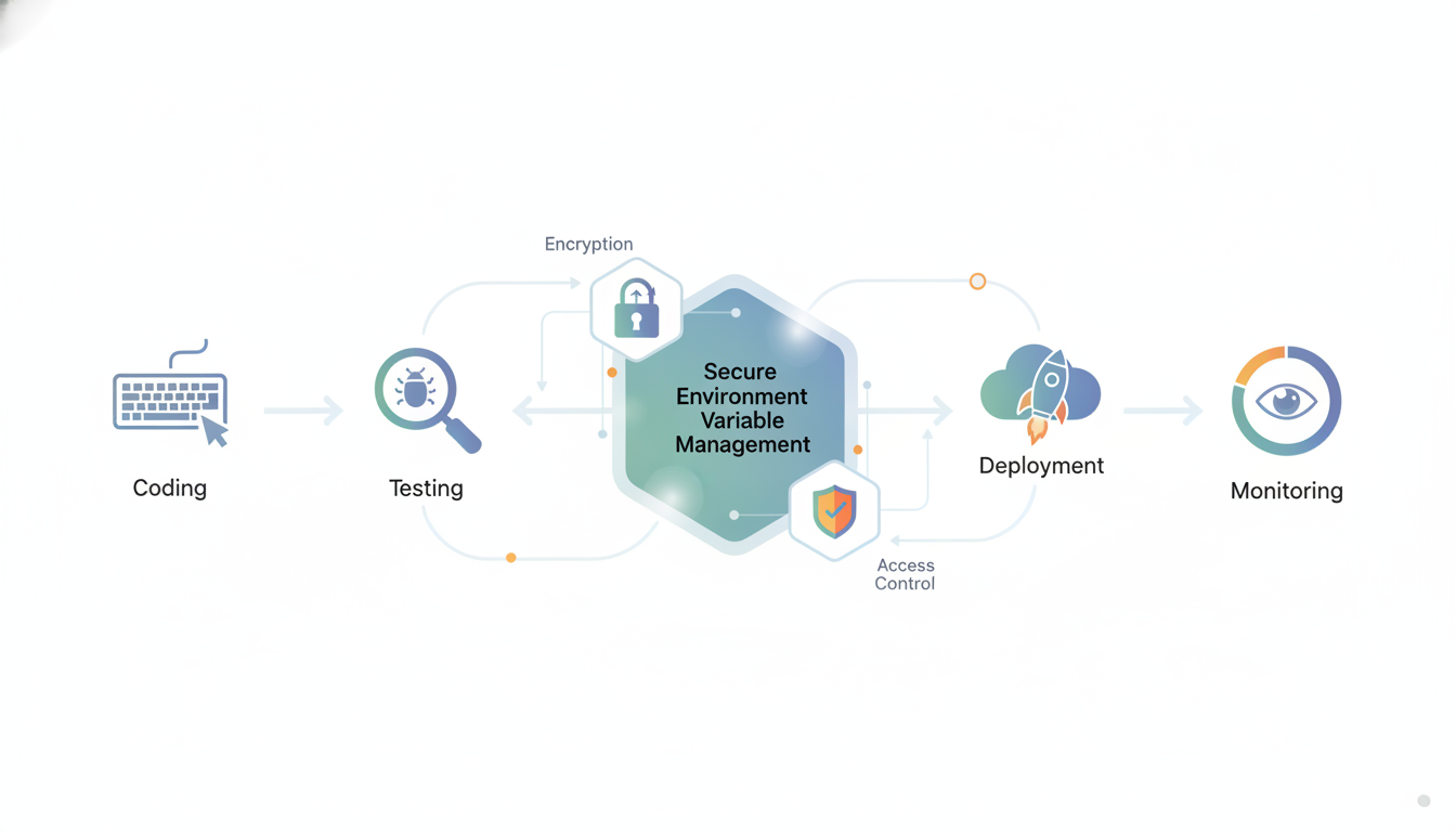 A visual representation of a secure software development lifecycle, highlighting various stages like coding, testing, de