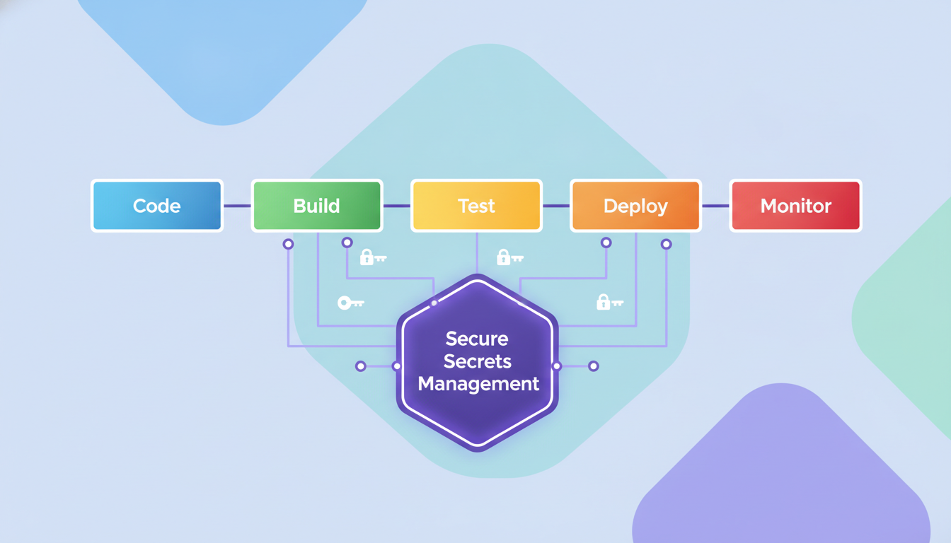 A diagram showing a DevOps pipeline with stages like 'Code', 'Build', 'Test', 'Deploy', and 'Monitor', with 'Secure Secr